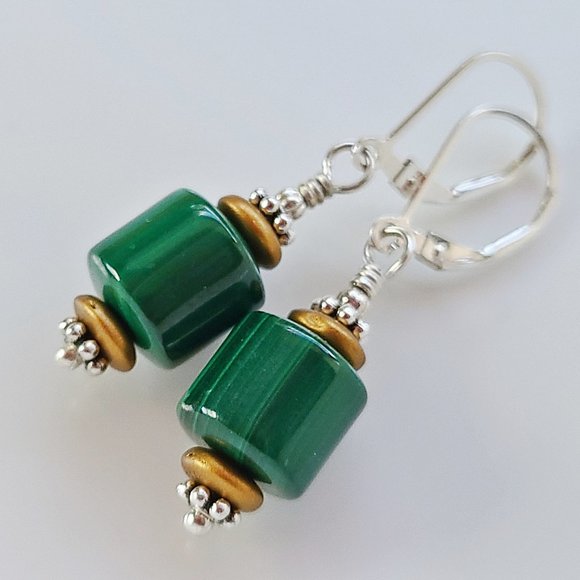 Green Malachite Earrings Genuine Sterling Silver Leverbacks - Picture 6 of 10